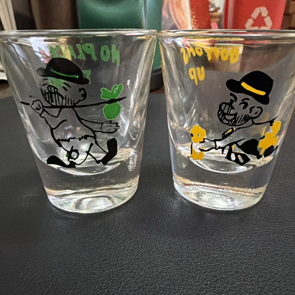Vintage Bottoms Up And No Place To Go 2 Novelty Shot Glasses 1950's MCM